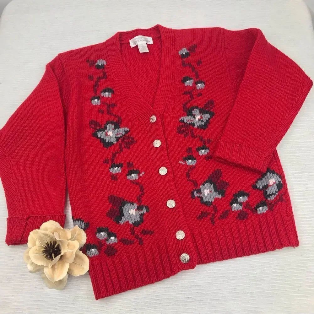 Jones New York 100% Wool Vintage Inspired Red Floral Front Cardigan